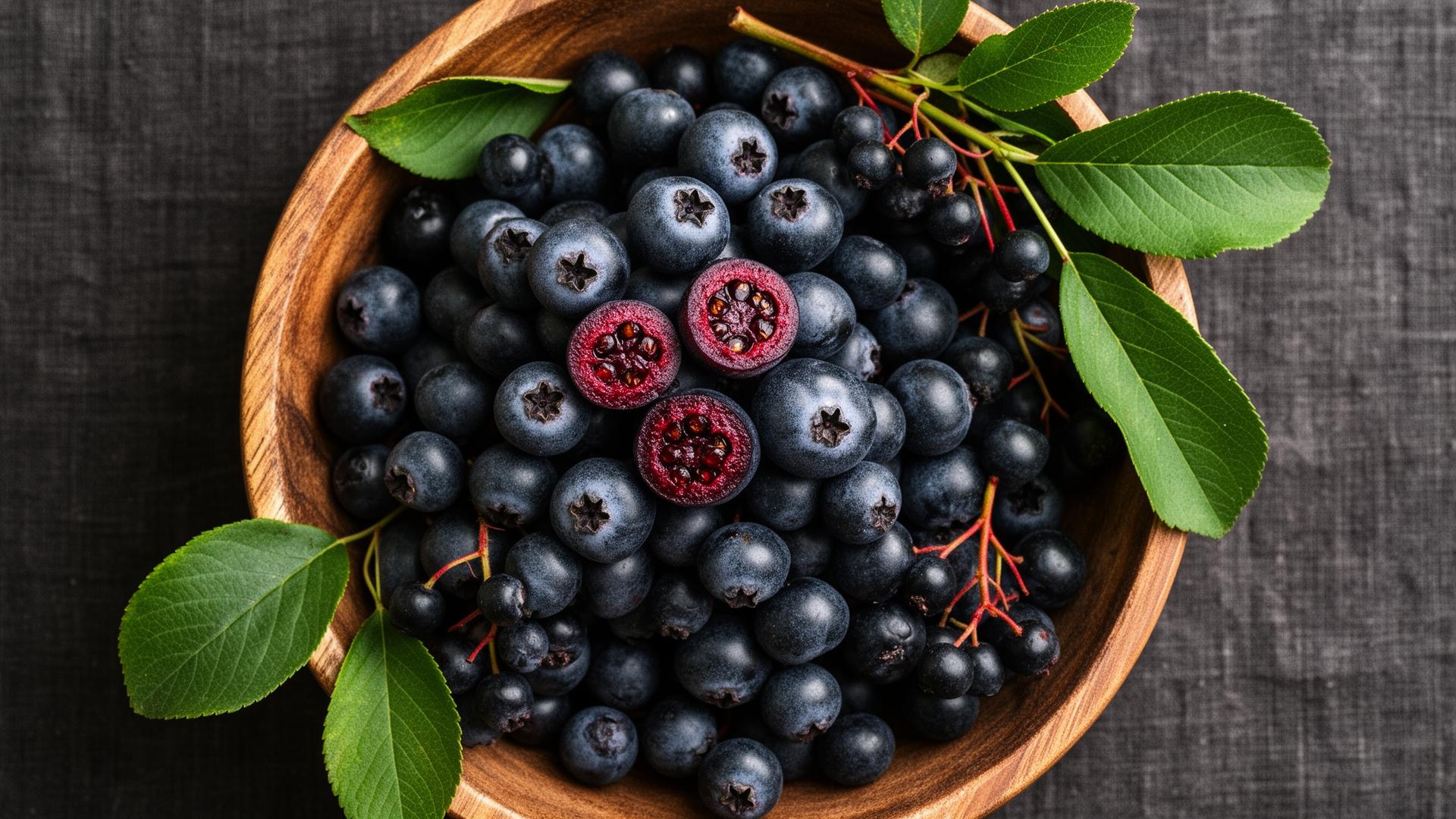 Frische Aroniabeeren in einer Holzschale